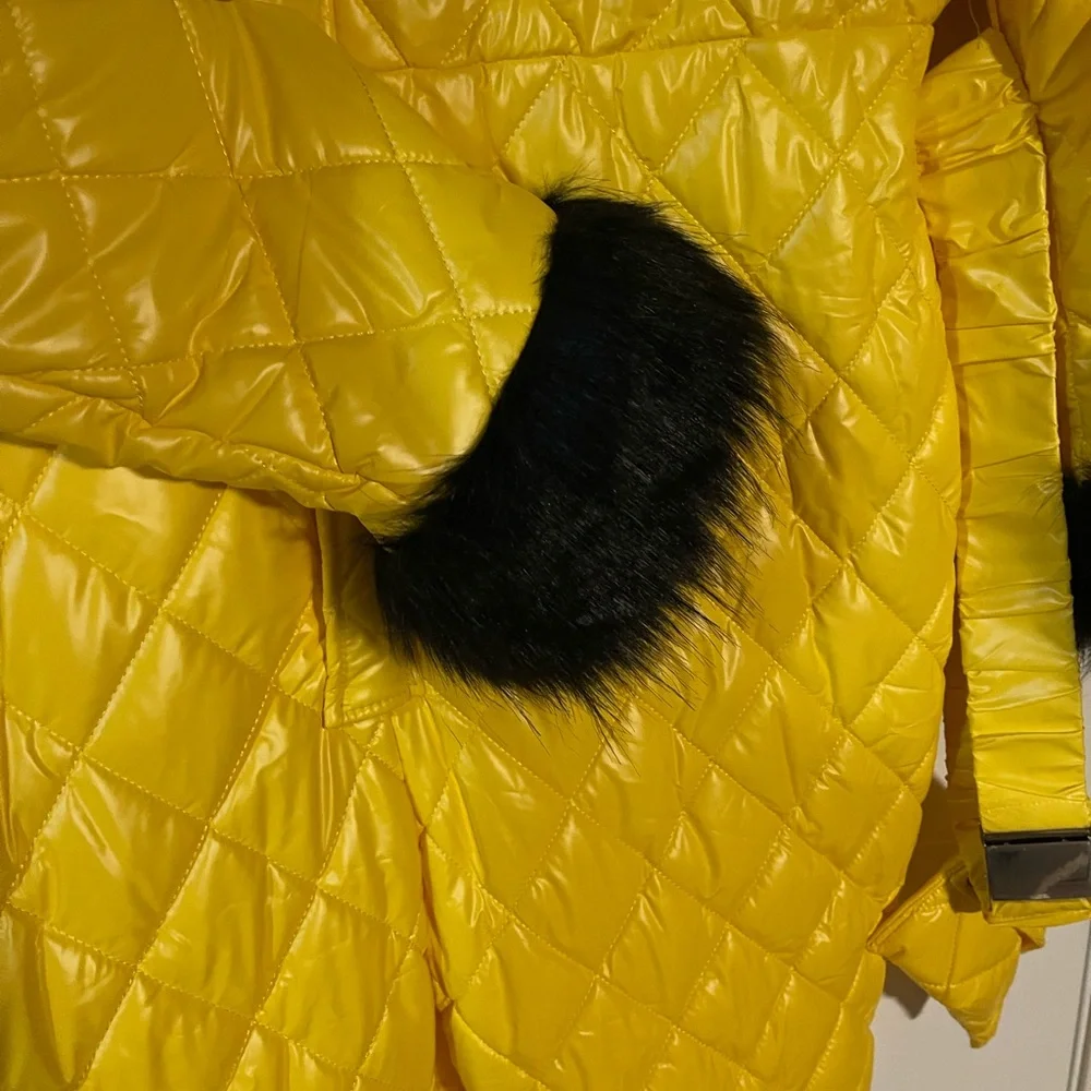 Belted Yellow Quilted Hooded Jumpsuit with Black Fur Trim - Picture 3 of 7